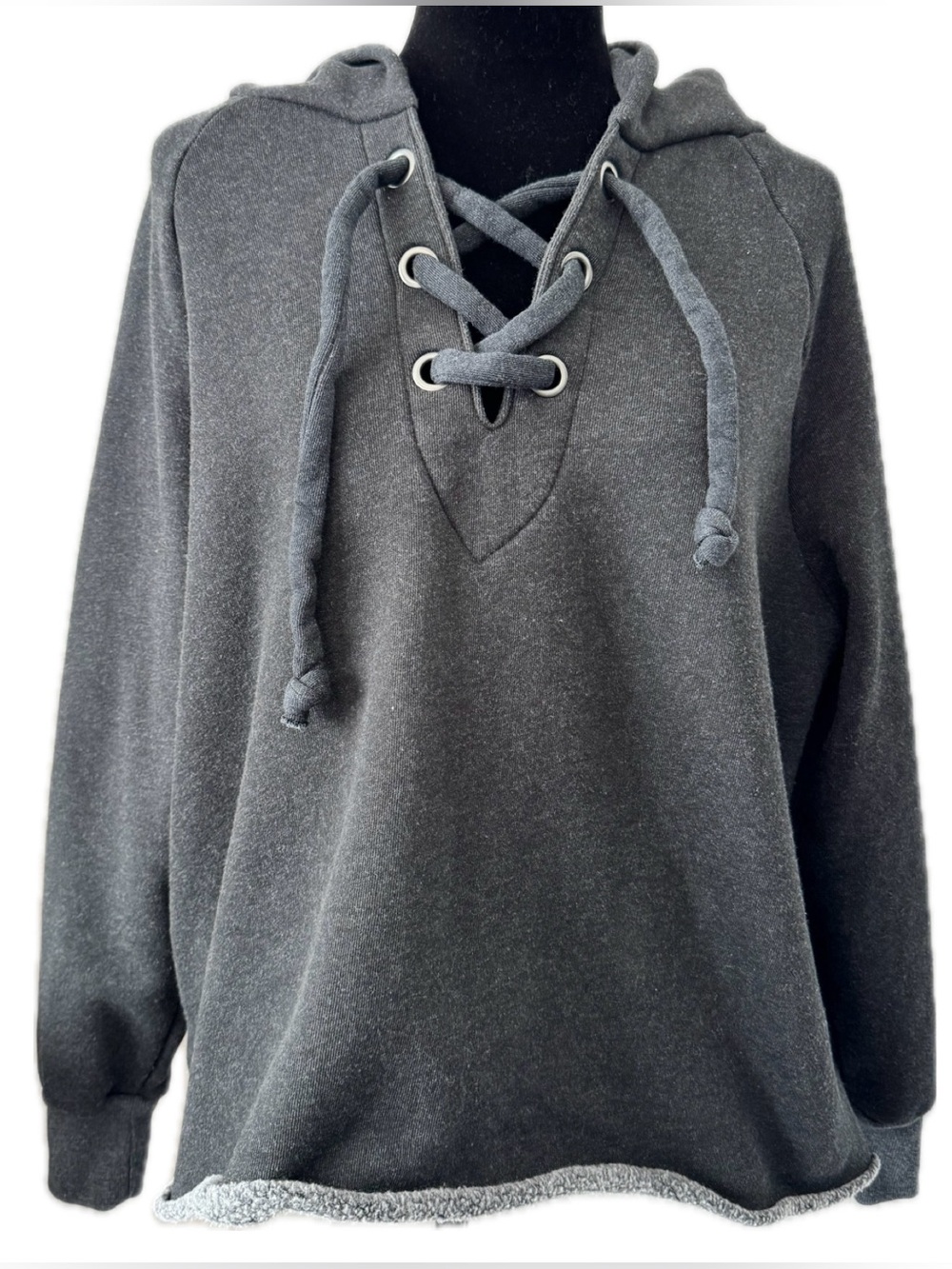 Wildfox Charcoal Lace Up Hoodie Sweatshirt Oversized Cozy Pullover Medium